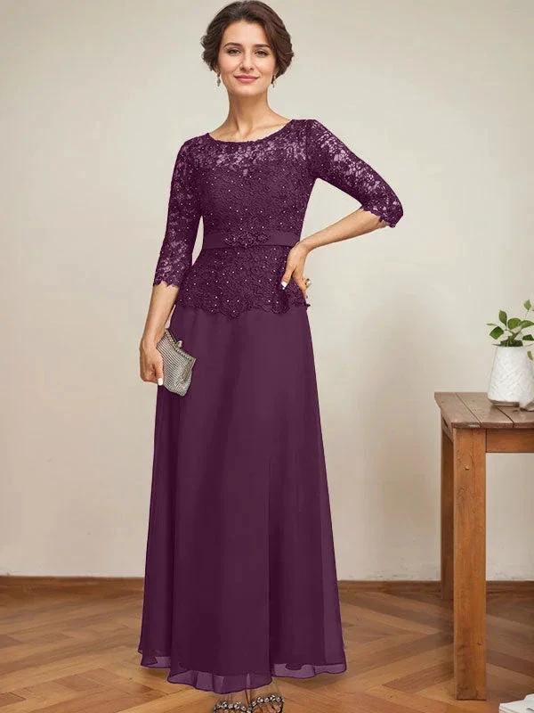 A-line Scoop Illusion Ankle-Length Chiffon Lace Mother of the Bride Dress With Rhinestone Beading by Dreamylily
