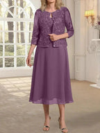 A-line Scoop Tea-Length Lace Chiffon Mother of the Bride Dress With Sequins by Dreamylily