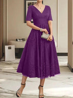 A-line V-Neck Tea-Length Tulle Lace Mother of the Bride Dress With Pleated by Dreamylily