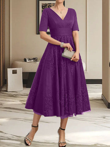 A-line V-Neck Tea-Length Tulle Lace Mother of the Bride Dress With Pleated