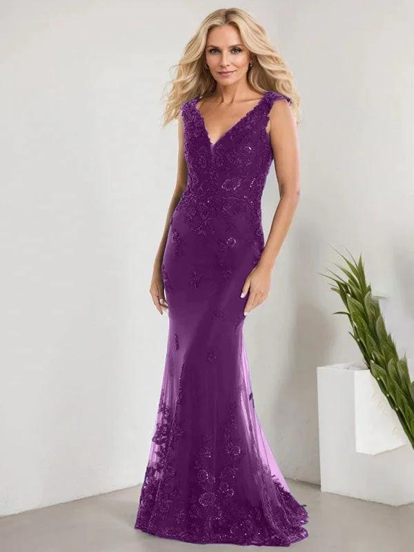 A-line V-Neck Floor-Length Lace Chiffon Mother of the Bride Dress With Applique Sequins Mermaid Dresses by Dreamylily