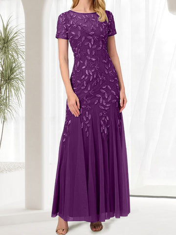 Vestido largo de sirena azul con cuello redondo para madre de la novia con cuentas