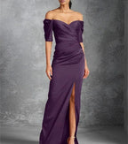 Sheath/Column Off-the-Shoulder Short Sleeves Floor-Length Mother of the Bride Dresses With Split Front by Dreamylily