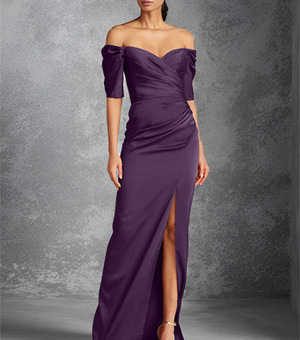 Vestidos para madre de la novia con corte tubo, hombros descubiertos, mangas cortas y largo hasta el suelo con abertura frontal 