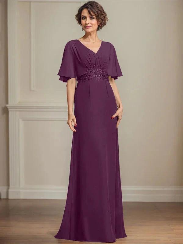 A-line V-Neck Floor-Length Chiffon Mother of the Bride Dress With Pleated Sequins Appliques Lace by Dreamylily
