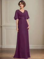 A-line V-Neck Floor-Length Chiffon Mother of the Bride Dress With Pleated Sequins Appliques Lace by Dreamylily