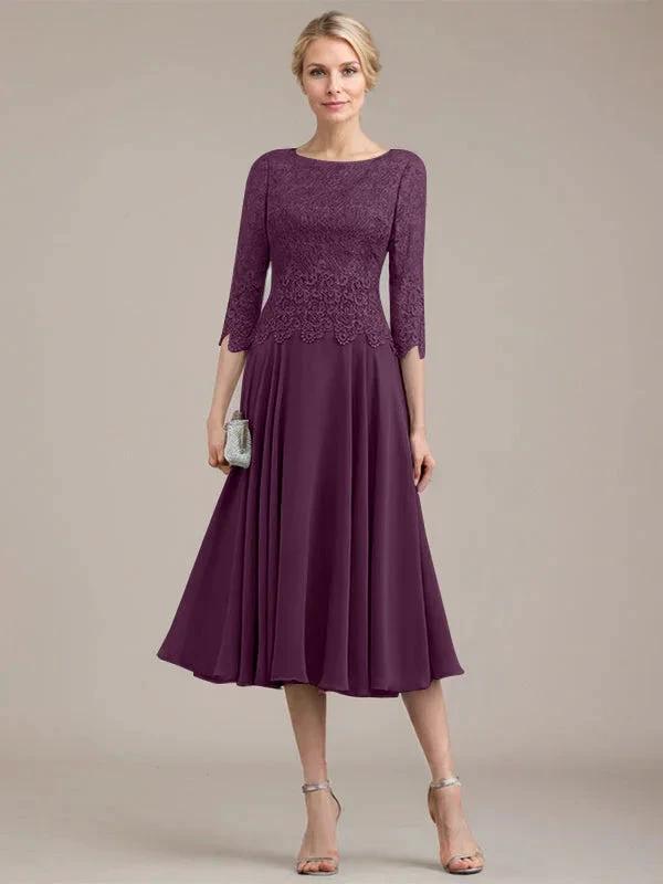 A-line Scoop Tea-Length Lace Chiffon Mother of the Bride Dress by Dreamylily