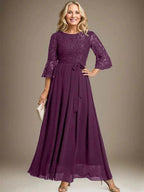 A-line Scoop Ankle-Length Lace Chiffon Mother of the Bride Dress With Bow by Dreamylily
