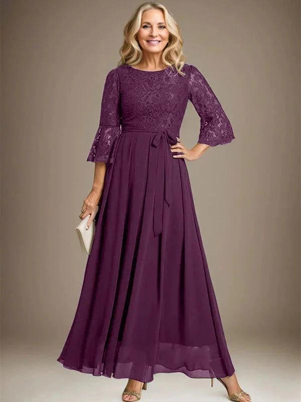 A-line Scoop Ankle-Length Lace Chiffon Mother of the Bride Dress With Bow by Dreamylily