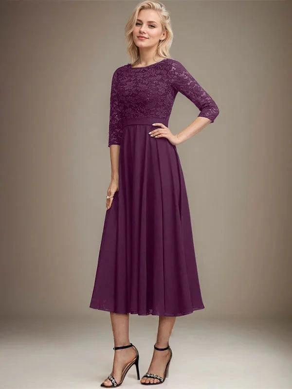 A-line Scoop Tea-Length Lace Chiffon Mother of the Bride Dress With Sequins by Dreamylily