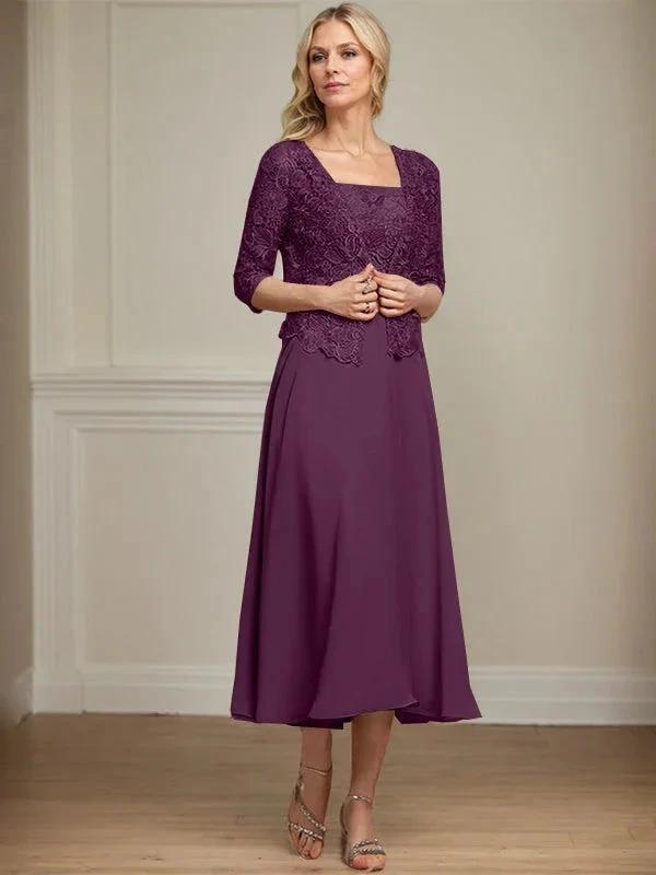 A-line Square Tea-Length Chiffon Lace Mother of the Bride Dress With Sequins Beading by Dreamylily