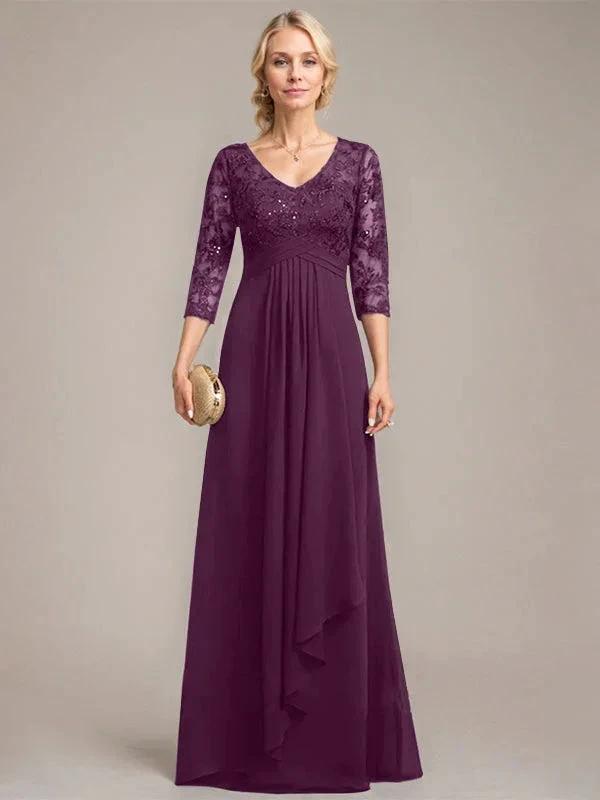 A-line V-Neck Floor-Length Lace Chiffon Mother of the Bride Dress With Cascading Ruffles Sequins by Dreamylily
