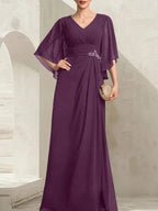 Sheath/Column V-Neck Floor-Length Chiffon Mother of the Bride Dress With Pleated Sequins Beading by Dreamylily