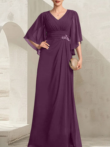 Vestido de gasa para madre de la novia, con escote en V, largo hasta el suelo, con lentejuelas plisadas y abalorios
