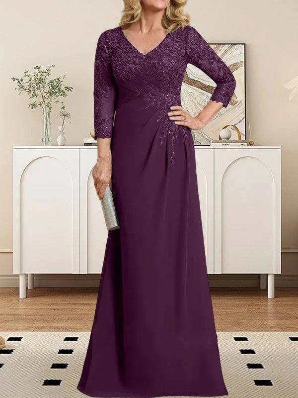 Sheath/Column V-Neck Illusion Floor-Length Lace Chiffon Mother of the Bride Dress With Pleated Sequins by Dreamylily