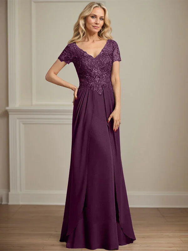 A-Linie V-Ausschnitt Bodenlanges Chiffon-Spitzenkleid für die Brautmutter
