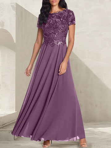 Vestido largo de madre de la novia con escote redondo, corte A, color gris carbón y cuentas