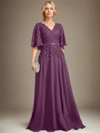 A-line V-Neck Floor-Length Chiffon Lace Mother of the Bride Dress With Crystal Brooch Rhinestone by Dreamylily