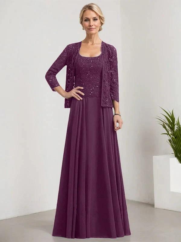 A-line Square Floor-Length Lace Chiffon Mother of the Bride Dress With Sequins by Dreamylily
