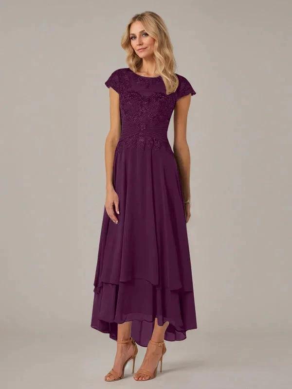 A-line Boat Neck Illusion Asymmetrical Chiffon Lace Mother of the Bride Dress With Applique Pleats by Dreamylily