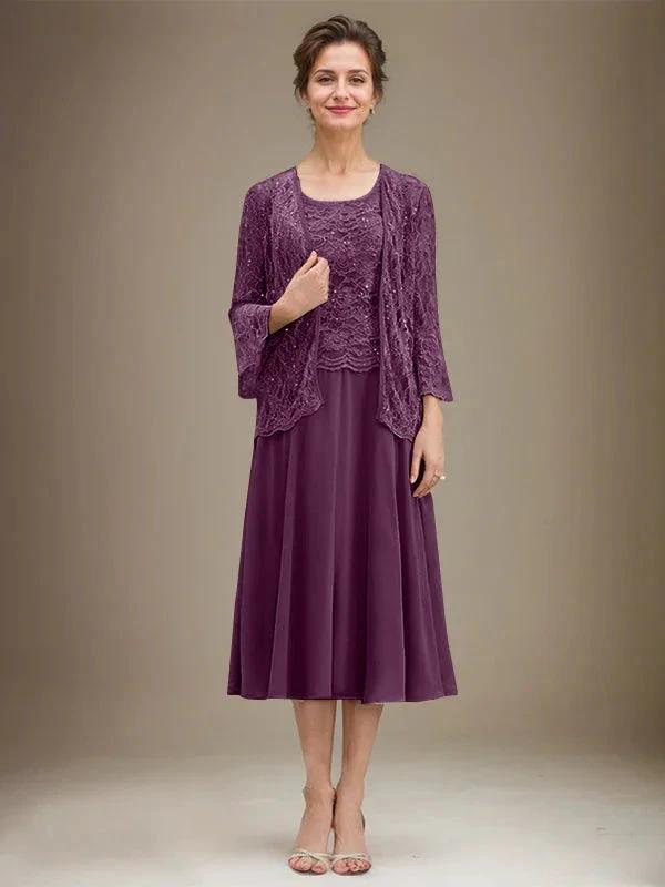 A-line Scoop Tea-Length Lace Chiffon Mother of the Bride Dress With Sequins by Dreamylily