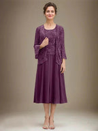 A-line Scoop Tea-Length Lace Chiffon Mother of the Bride Dress With Sequins by Dreamylily