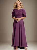 A-line Scoop Illusion Asymmetrical Chiffon Lace Mother of the Bride Dress With Beading by Dreamylily