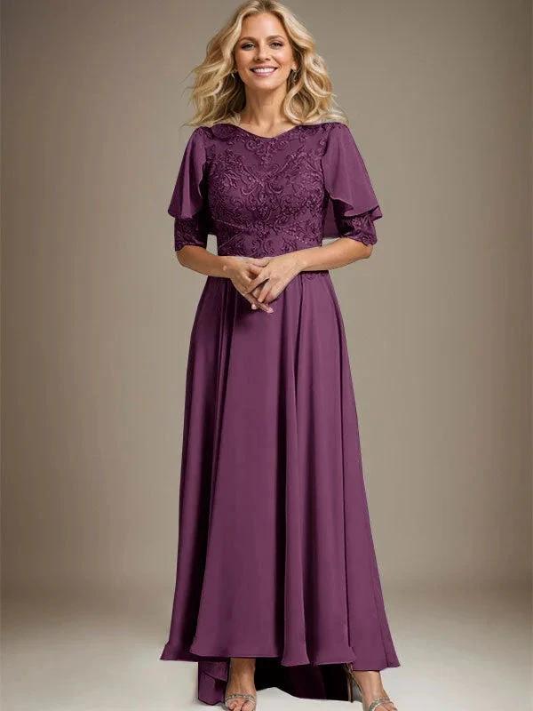 A-line Scoop Illusion Asymmetrical Chiffon Lace Mother of the Bride Dress With Beading by Dreamylily