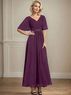 A-line V-Neck Ankle-Length Chiffon Mother of the Bride Dress With Pleated Beading Sequins by Dreamylily