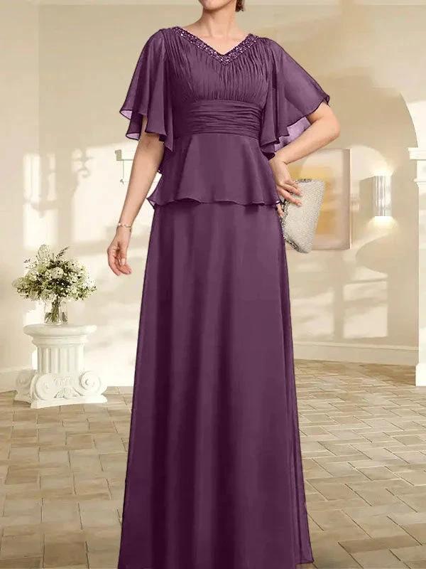 A-line V-Neck Floor-Length Chiffon Mother of the Bride Dress With Pleated Beading by Dreamylily