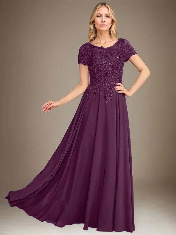 A-Line Scoop Floor-Length Chiffon Mother of the Bride Dress With Applique & Sequins by Dreamylily