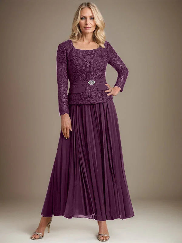 Vestido de gasa para madre de la novia con corte A, cuadrado, largo hasta los tobillos, con pliegues 