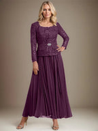 Vestido de gasa para madre de la novia con corte A, cuadrado, largo hasta los tobillos, con pliegues 