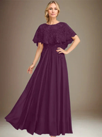 A-line Boat Neck Floor-Length Lace Chiffon Mother of the Bride Dress With Applique Sequins by Dreamylily