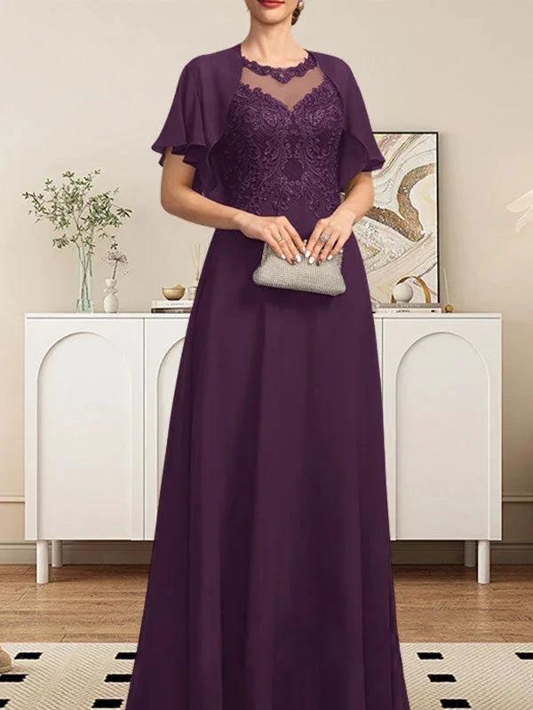 A-line Scoop Illusion Floor-Length Lace Chiffon Mother of the Bride Dress With Sequins by Dreamylily