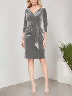 Short Velvet Sheath Dress with Surplice Neckline, Cascade Skirt and Embellishment Detail at Hip by Dreamylily