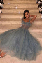 Gray Blue Tulle Lace Tea Length Prom Dress Tulle Lace Homecoming Dress PD444 by pgmdress