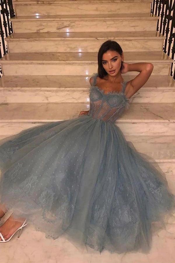 Gray Blue Tulle Lace Tea Length Prom Dress Tulle Lace Homecoming Dress PD444 by pgmdress