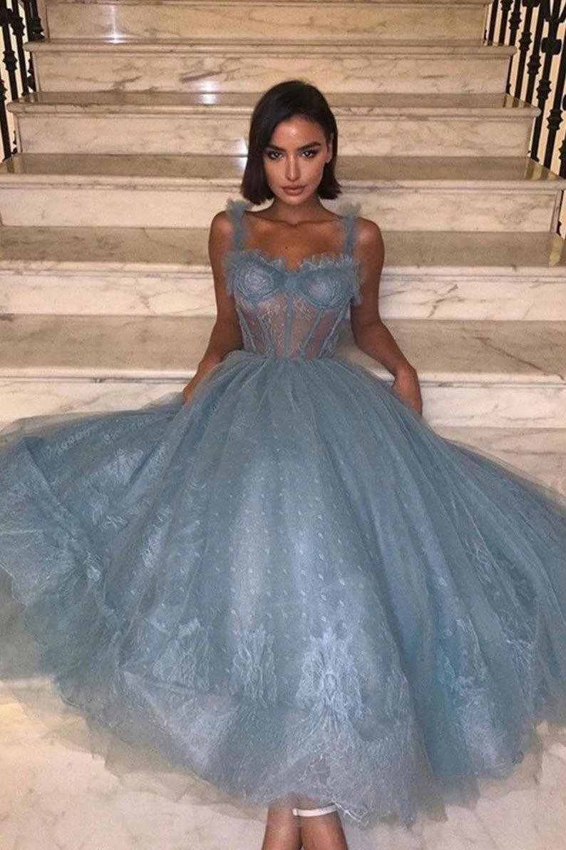 Gray Blue Tulle Lace Tea Length Prom Dress Tulle Lace Homecoming Dress PD444 by pgmdress