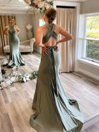 Gray Green Satin Mermaid Bridesmaid Dresses With Sweep Train BD089 by pgmdress