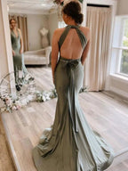 Gray Green Satin Mermaid Bridesmaid Dresses With Sweep Train BD089 by pgmdress