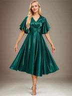 A-line V-Neck Tea-Length Stretch Satin Mother of the Bride Dress With Beading Pleated by Dreamylily