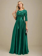 A-line Scoop Illusion Floor-Length Stretch Satin Lace Mother of the Bride Dress With Bow Sequins by Dreamylily