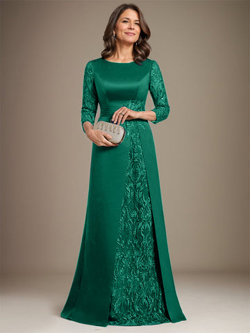 A-Linie U-Ausschnitt Bodenlang Spitze Satin Kleid für die Brautmutter mit Applikation 