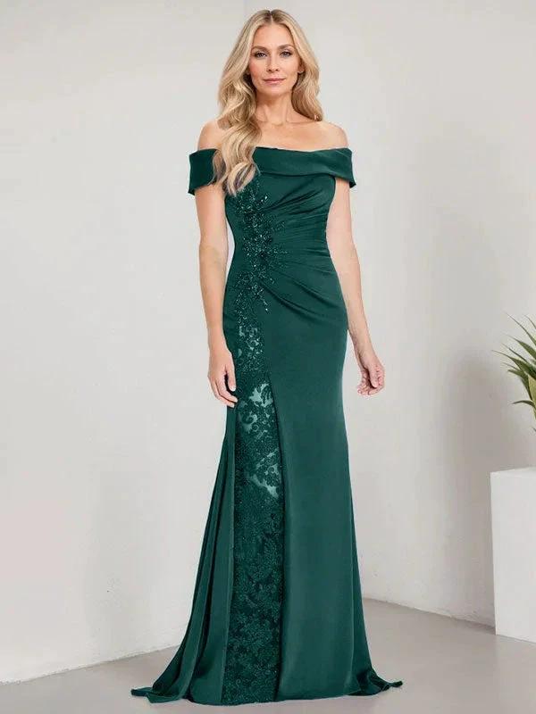 A-Line Off the Shoulder Floor-Length Mother of the Bride Dress Applique Beadings Mermaid Dress With High Split by Dreamylily