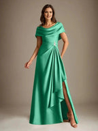 A-Line Scoop Floor-Length Stretch Satin Mother of the Bride Dress With Cascading Ruffles by Dreamylily