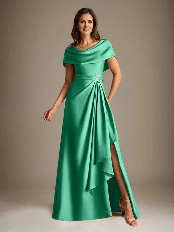 A-Line Scoop Floor-Length Stretch Satin Mother of the Bride Dress With Cascading Ruffles by Dreamylily