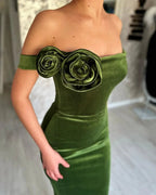 Green Mermaid Off the Shoulder Flowers Stain Prom Dress with Ruffles by misshow.com
