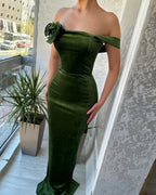 Green Mermaid Off the Shoulder Flowers Stain Prom Dress with Ruffles by misshow.com