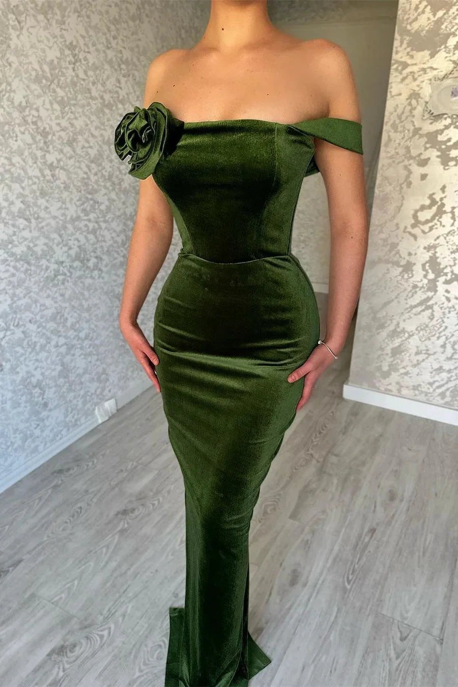 Green Mermaid Off the Shoulder Flowers Stain Prom Dress with Ruffles by misshow.com